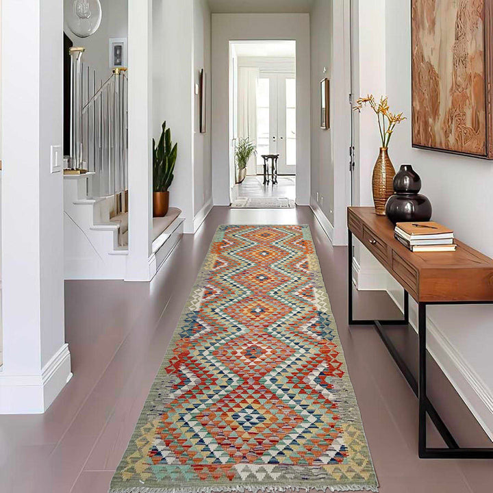 Afghan Vegetable Kilim Rug 2' 10" x 9' 5" Flat-Weave reverse