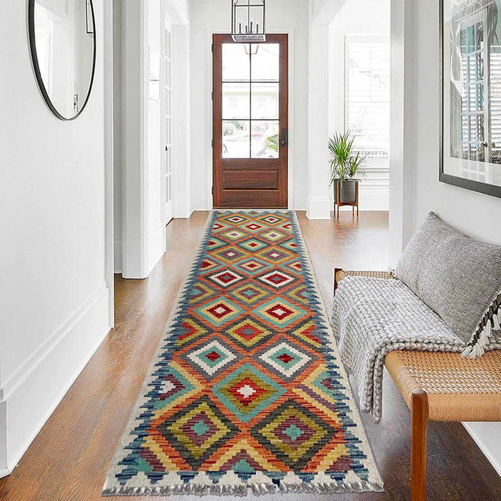 Afghan Vegetable Kilim Rug 2' 9" x 9' 6" Flat-Weave reverse