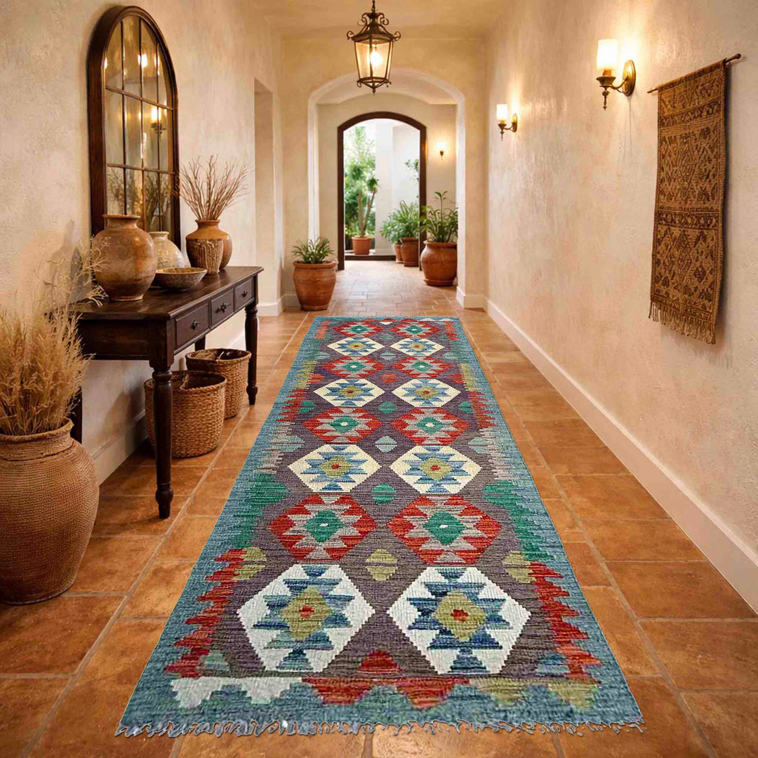 Afghan Vegetable Kilim Rug 2' 7" x 9' 4" Flat-Weave reverse