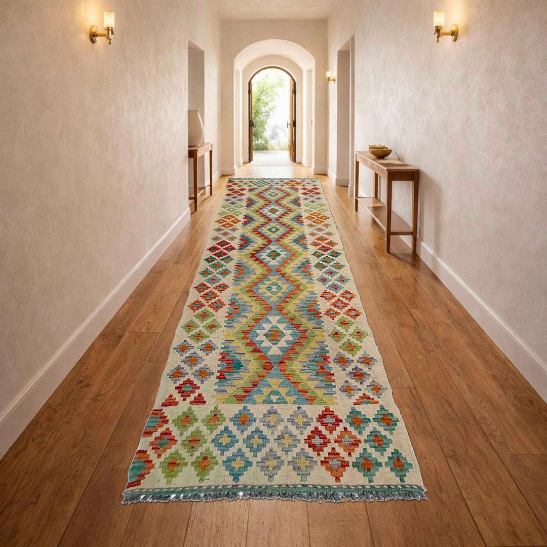 Afghan Vegetable Kilim Rug 2' 7" x 10' 1" Flat-Weave reverse