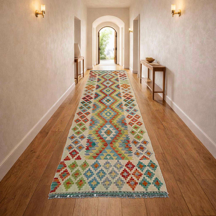 Afghan Vegetable Kilim Rug 2' 7" x 10' 1" Flat-Weave reverse