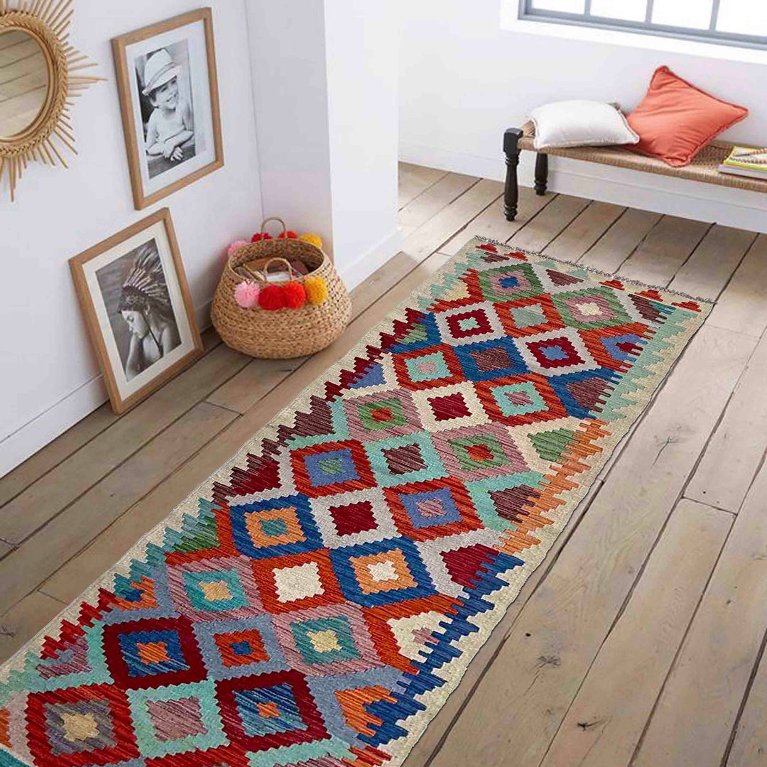 Afghan Vegetable Kilim Rug 2' 4" x 7' 11" Flat-Weave reverse