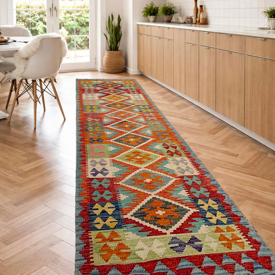 Afghan Vegetable Kilim Rug 2' 11" x 9' 5" Flat-Weave | No. AL107543