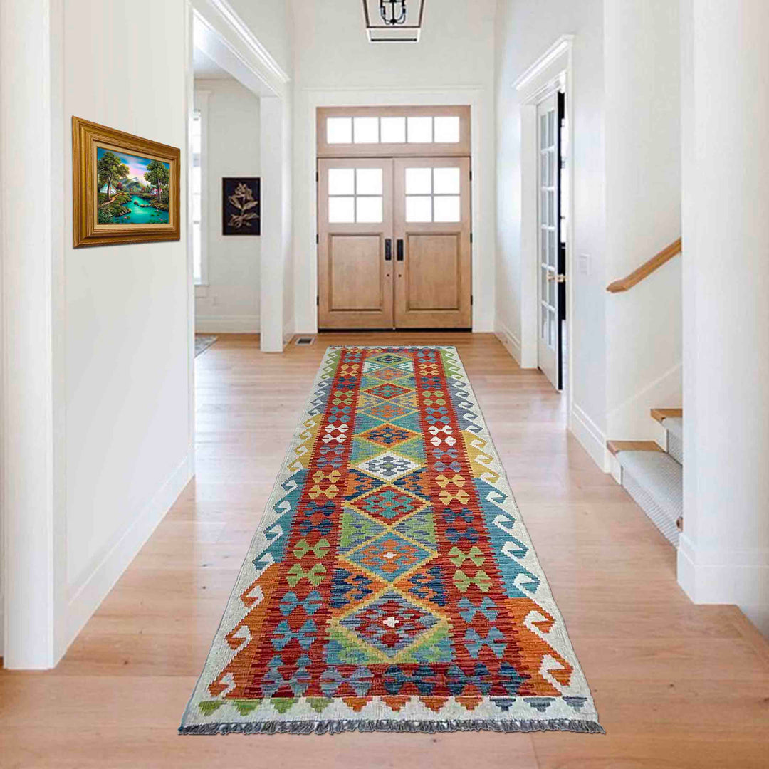 Afghan Vegetable Kilim Rug 2' 7" x 9' 8" Flat-Weave reverse
