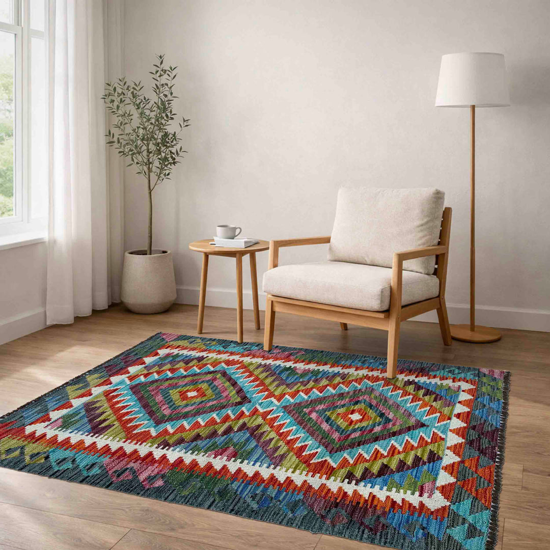 Afghan Vegetable Kilim Rug 2'11" x 3'11" Flat-Weave reverse
