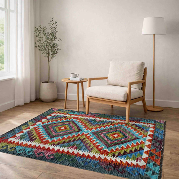 Afghan Vegetable Kilim Rug 2'11" x 3'11" Flat-Weave reverse