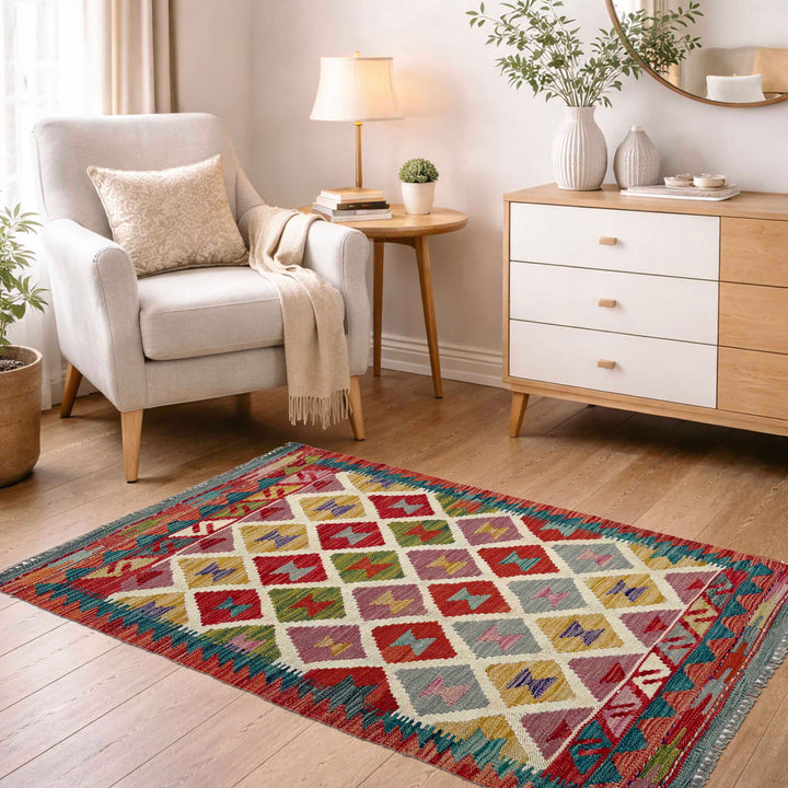 Afghan Vegetable Kilim Rug 2' 4" x 4' 3" Flat-Weave reverse