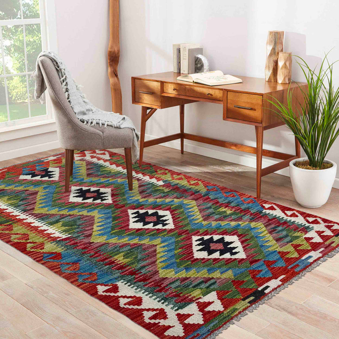Afghan Vegetable Kilim Rug 2' 9" x 4' 2" Flat-Weave reverse