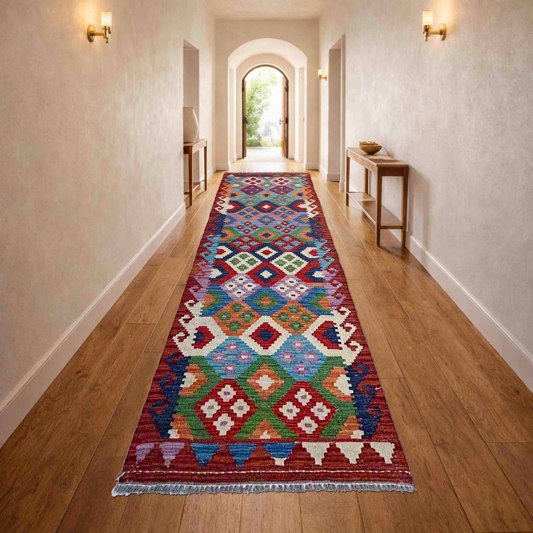 Afghan Vegetable Kilim Rug 2' 7" x 9' 6" Flat-Weave reverse
