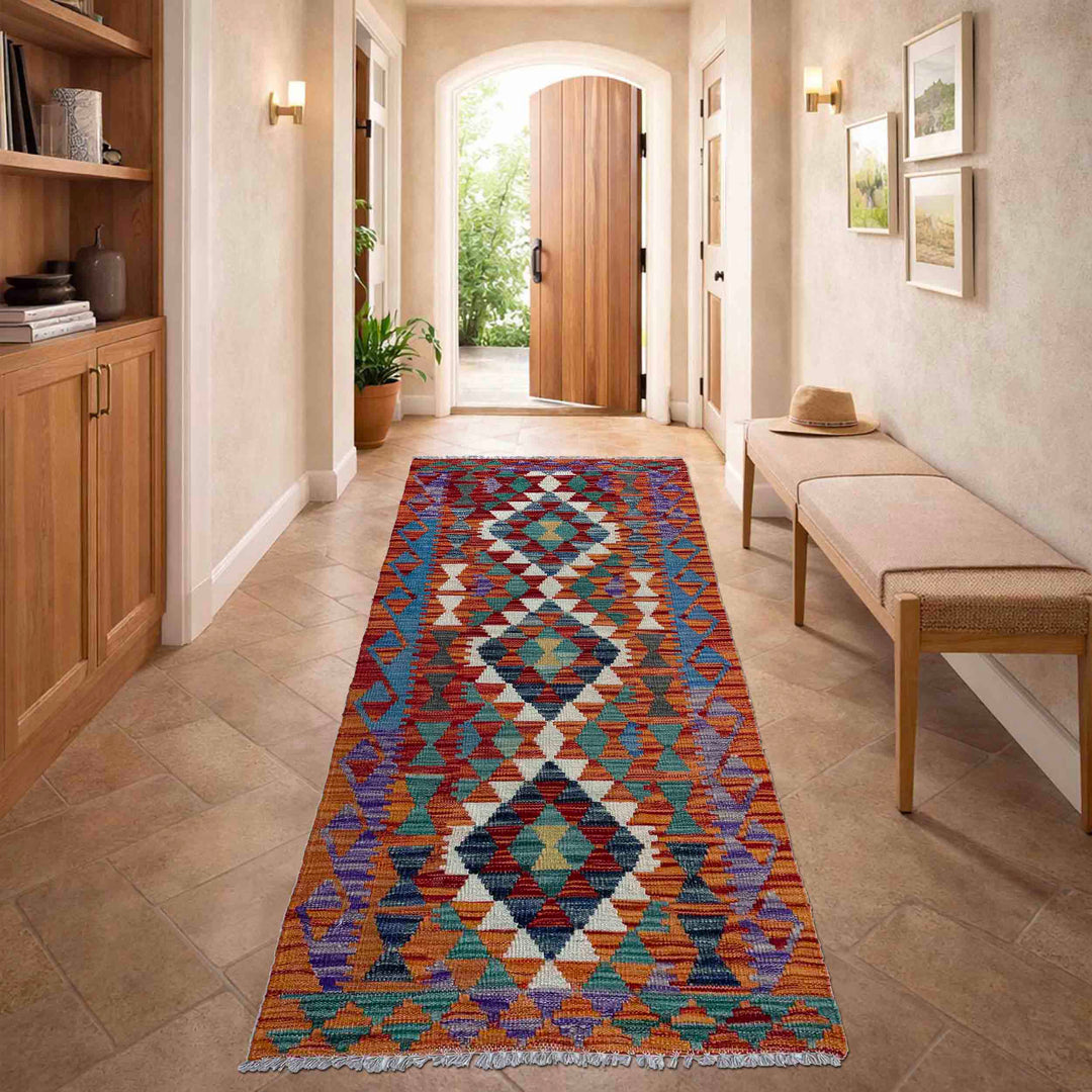 Afghan Vegetable Kilim Rug 2' 6" x 6' 3" Flat-Weave reverse