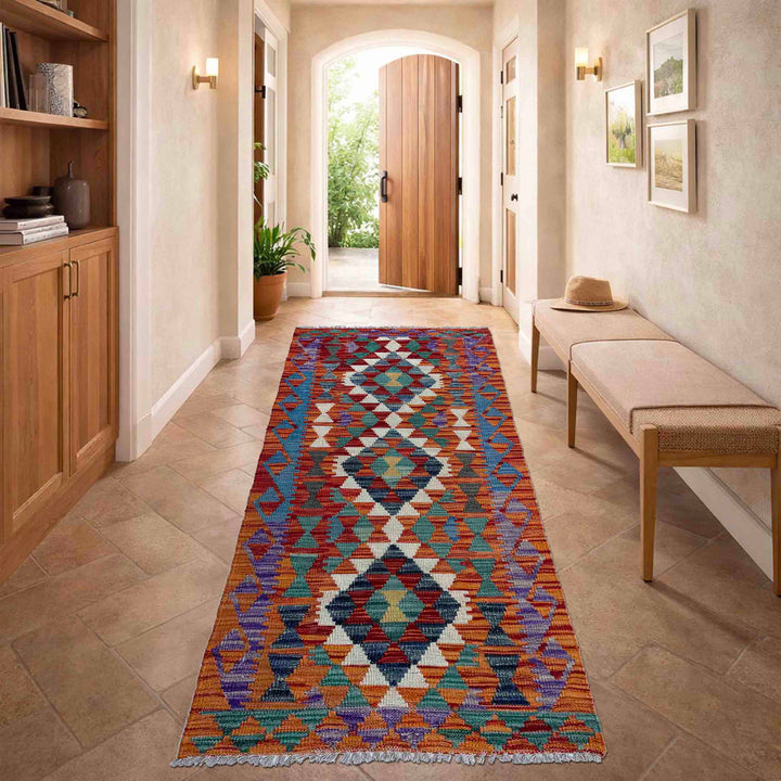 Afghan Vegetable Kilim Rug 2' 6" x 6' 3" Flat-Weave reverse