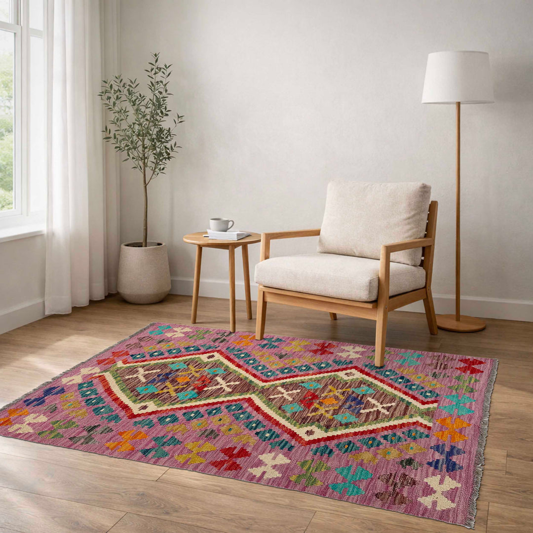 Afghan Vegetable Kilim Rug 2' 7" x 3' 11" Flat-Weave | No. AL649141
