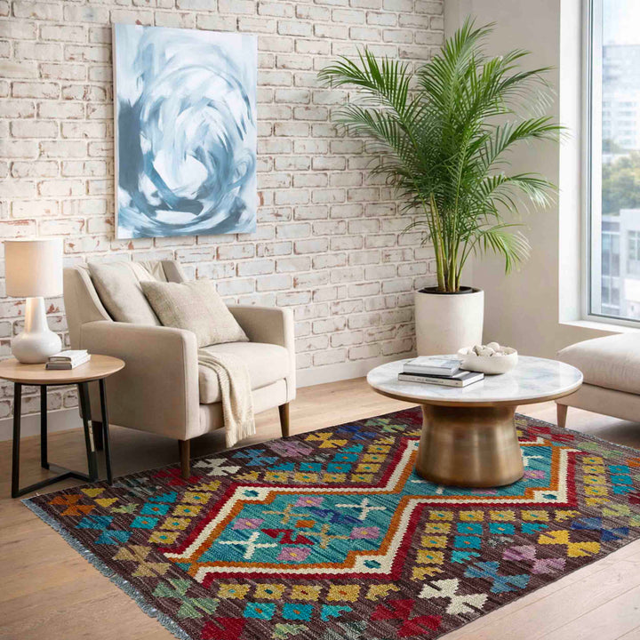 Afghan Vegetable Kilim Rug 2' 7" x 3' 11" Flat-Weave | No. AL77563