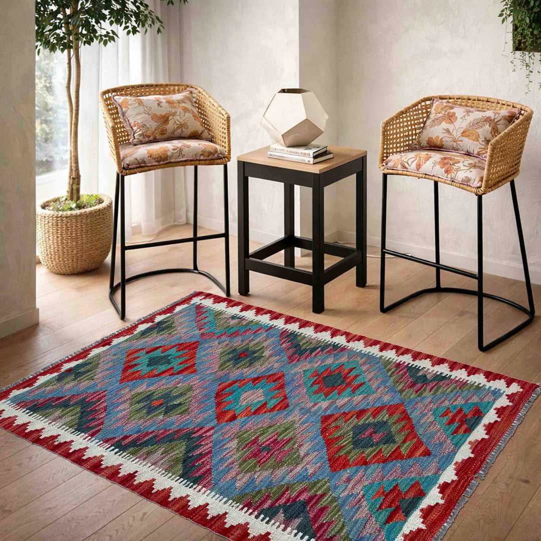 Afghan Vegetable Kilim Rug 2' 11" x 3' 10" Flat-Weave reverse