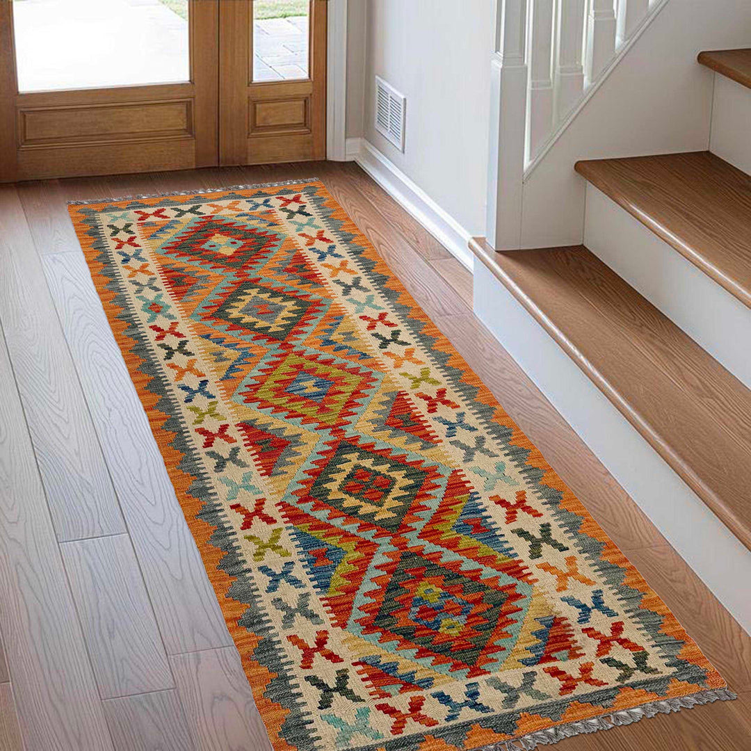 Afghan Vegetable Kilim Rug 2'7" x 6'10" Flat-Weave | No. AL703385