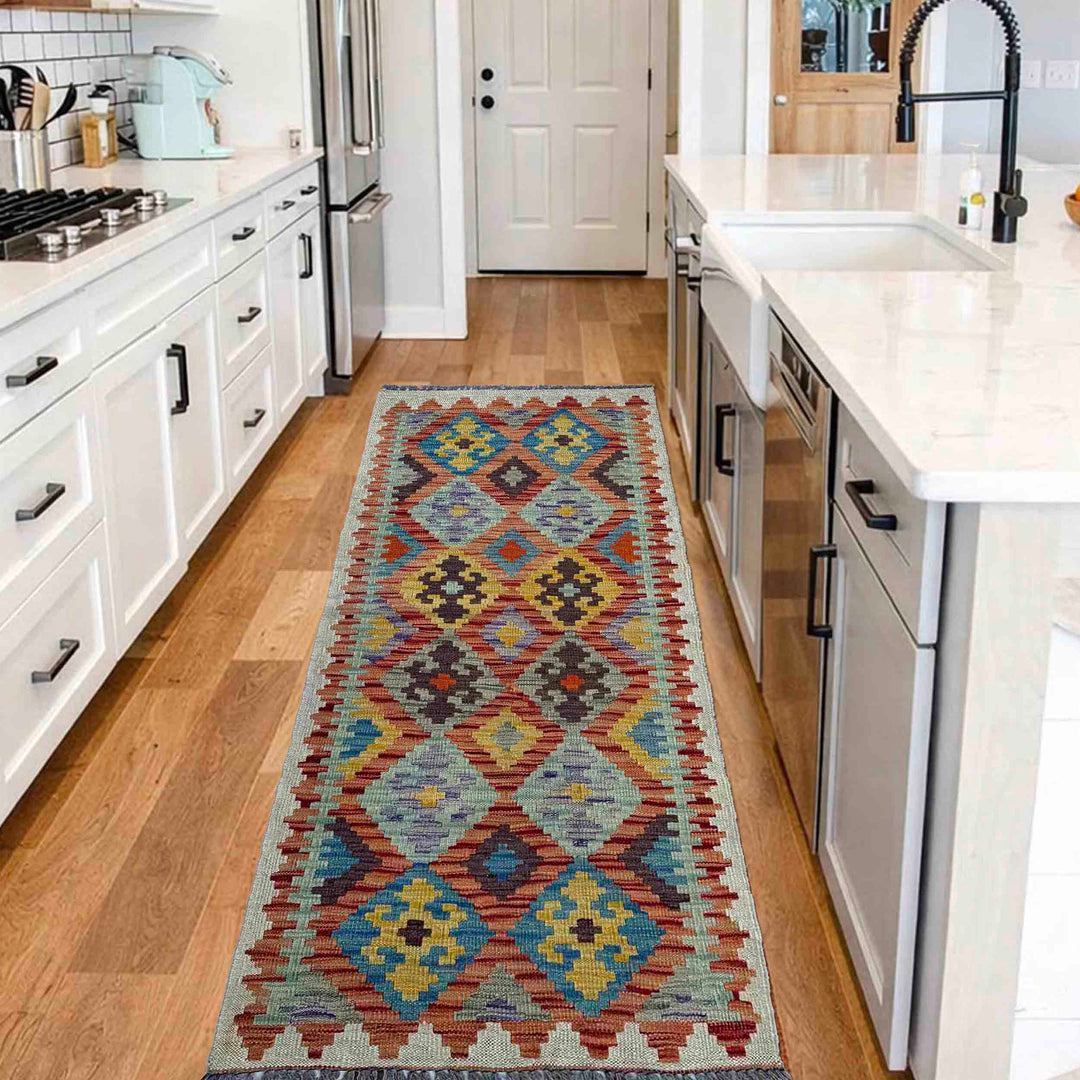 Afghan Vegetable Kilim Rug 2' 6" x 6' 2" Flat-Weave reverse