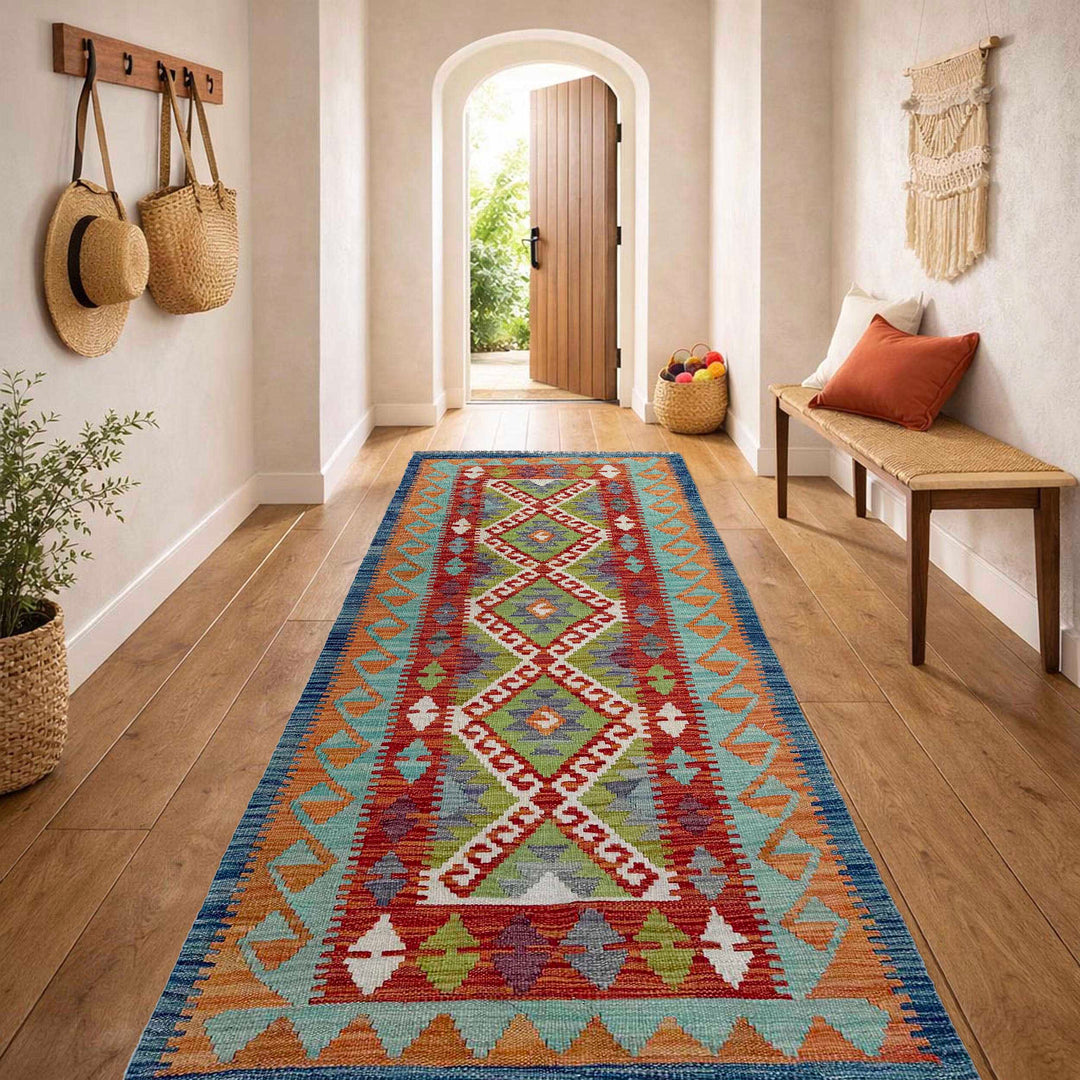 Afghan Vegetable Kilim Rug 2' 6" x 6' 5" Flat-Weave reverse