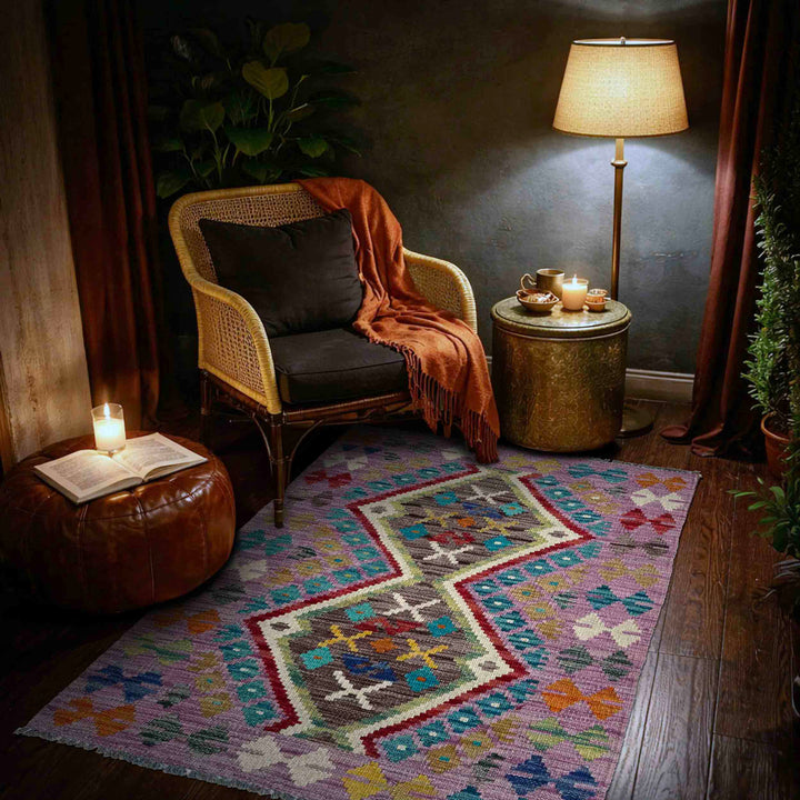 Afghan Vegetable Kilim Rug 2' 7" x 3' 11" Flat-Weave | No. AL41537