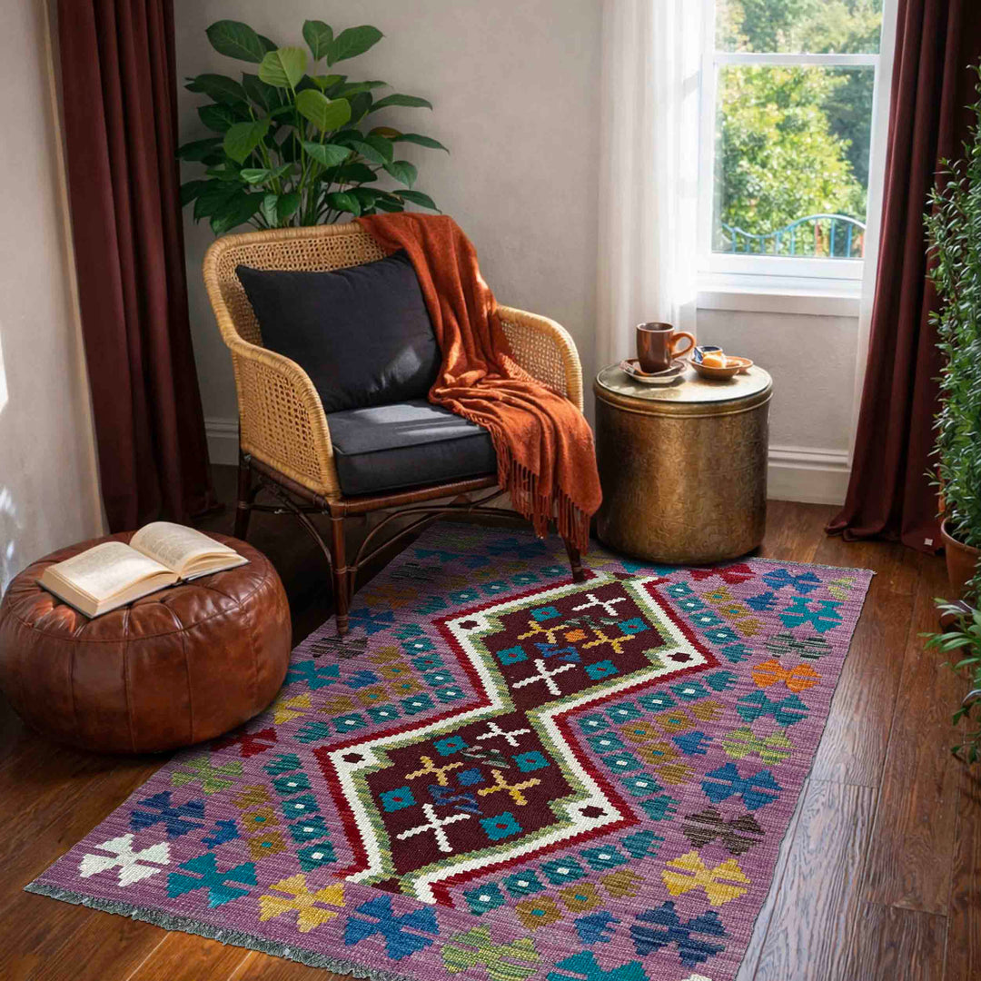 Afghan Vegetable Kilim Rug 2' 10" x 3' 10" Flat-Weave reverse
