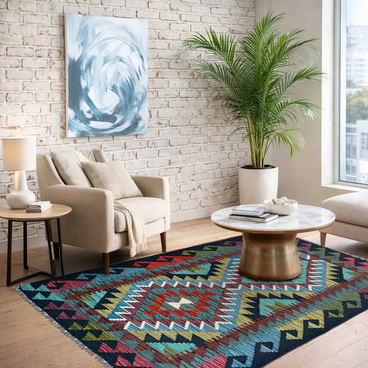 Afghan Vegetable Kilim Rug 2' 10" x 3' 11" Flat-Weave reverse