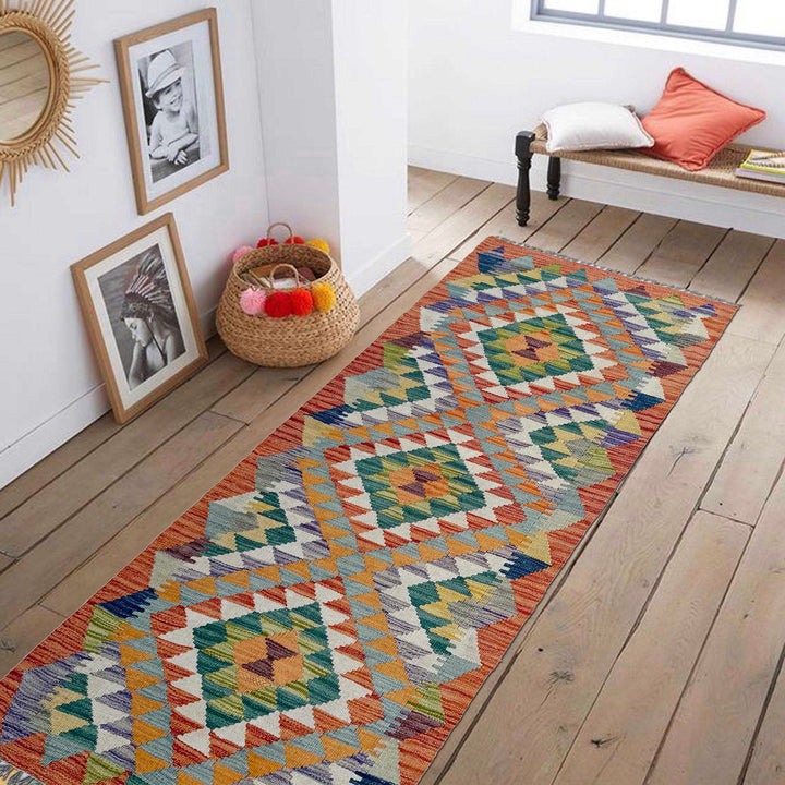 Afghan Vegetable Kilim Rug 2' 6" x 6' 2" Flat-Weave reverse