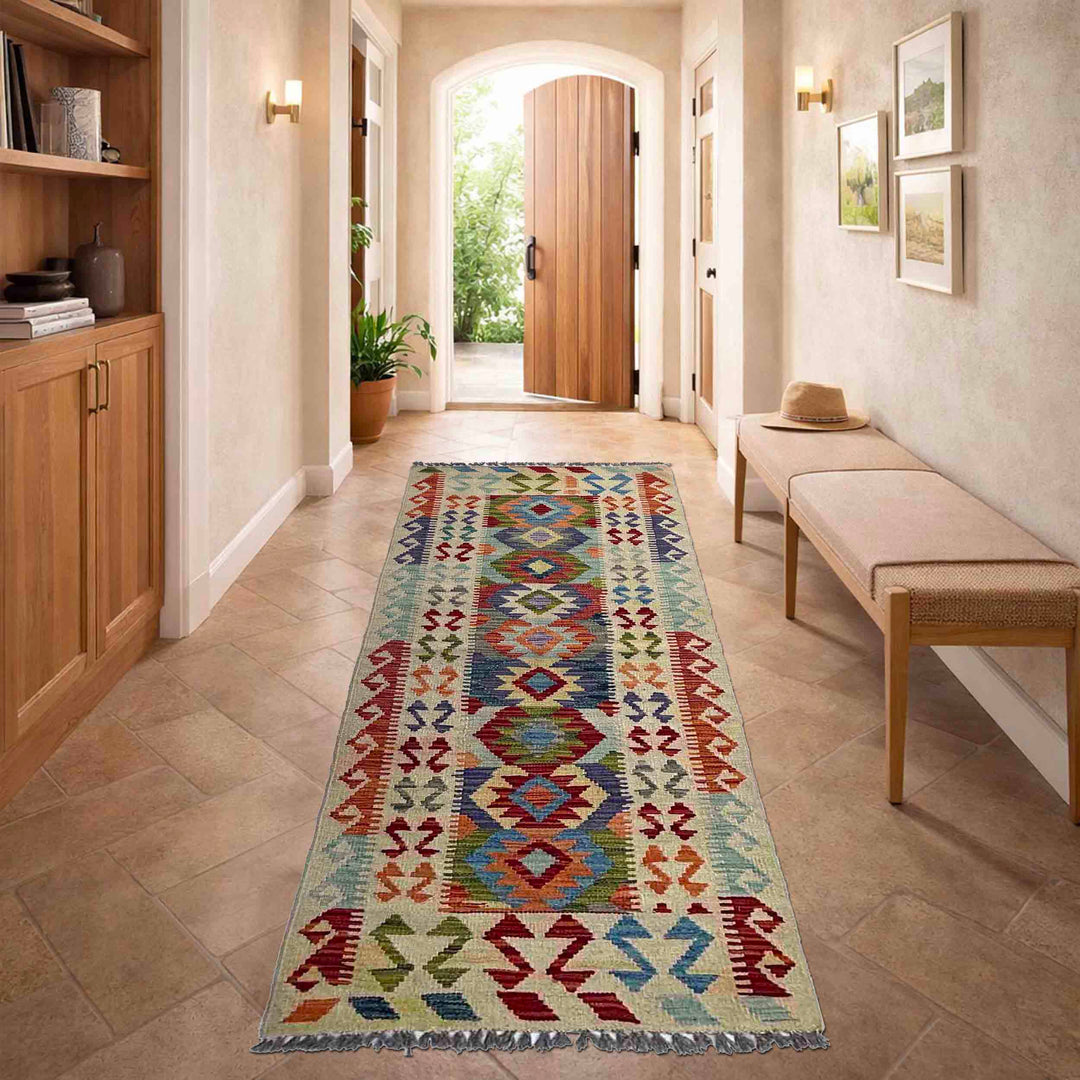 Afghan Vegetable Kilim Rug 2' 6" x 6' 5" Flat-Weave reverse