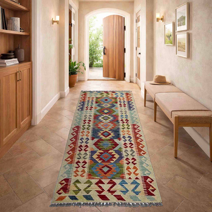 Afghan Vegetable Kilim Rug 2' 6" x 6' 5" Flat-Weave reverse