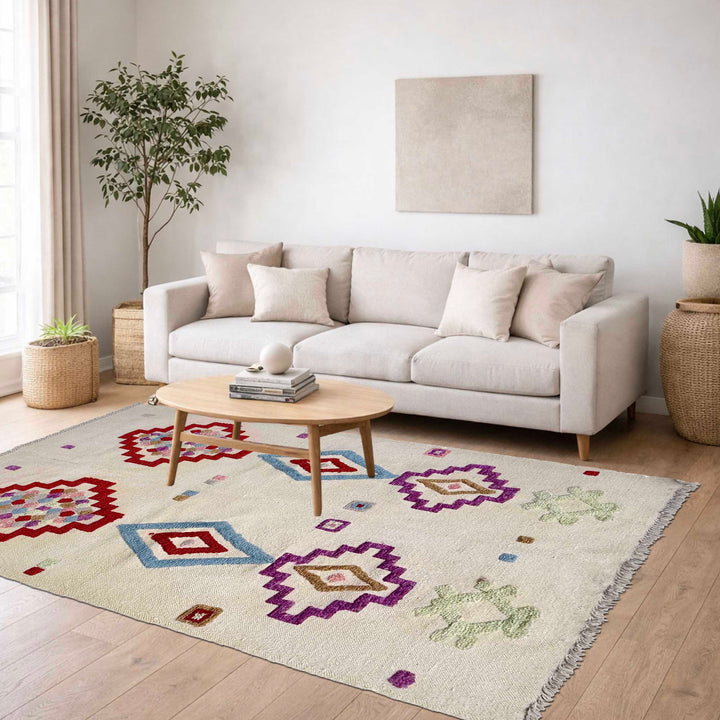 Beige Pakistani Embroidery Kilim Rug 4' 0" x 6' 1" Hand-Knotted | No. AL93118
