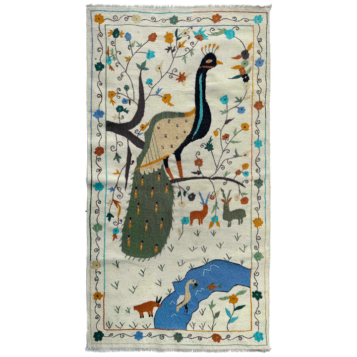 Beige Pakistani Embroidery Kilim Rug 3'5" x 6'6" Flat-Weave | No. AL34207