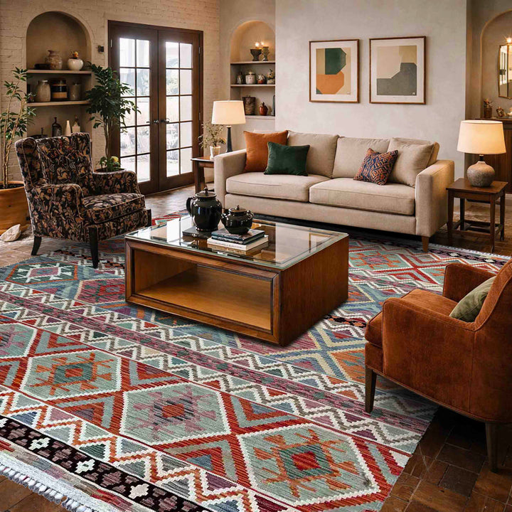 Afghan Vegetable Kilim Rug 8' 5" x 9' 9" Flat-Weave | No. AL55986