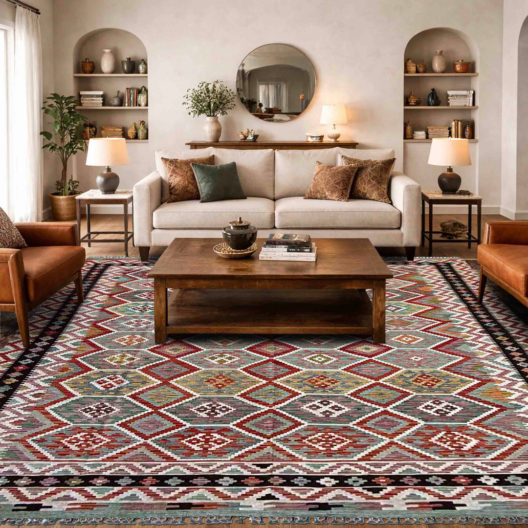 Afghan Vegetable Kilim Rug 8' 5" x 11' 5" Flat-Weave reverse