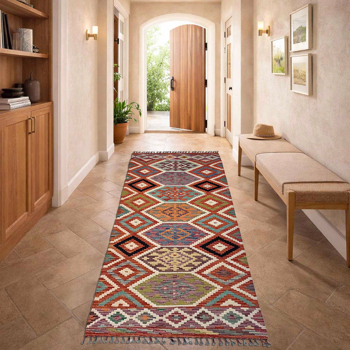 Afghan Vegetable Kilim Rug 2' 10" x 8' 1" Flat-Weave reverse