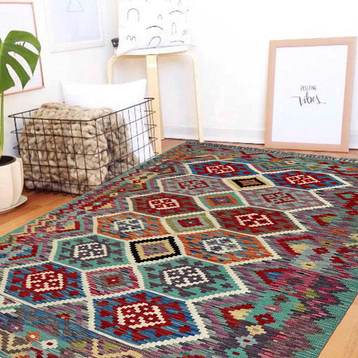Afghan Vegetable Kilim Rug 5' 0" x 6' 7" Flat-Weave | No. AL83568