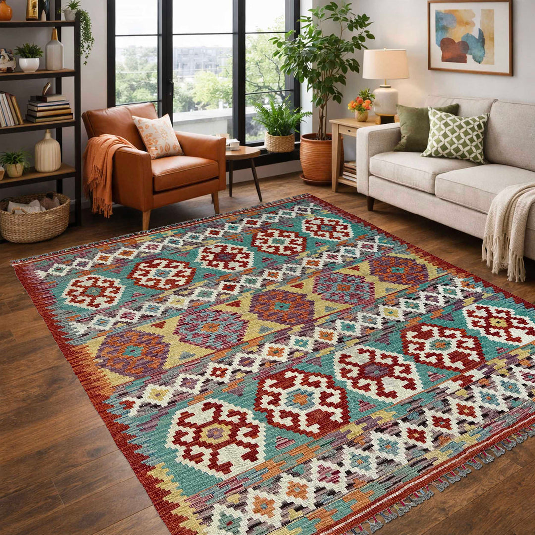 Afghan Vegetable Kilim Rug 5' 0" x 6' 3" Flat-Weave reverse