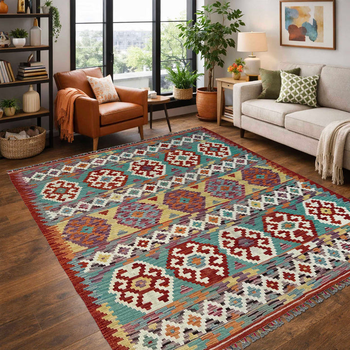 Afghan Vegetable Kilim Rug 5' 0" x 6' 3" Flat-Weave reverse