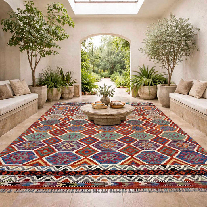 Afghan Vegetable Kilim Rug 8' 4" x 10' 0" Flat-Weave reverse
