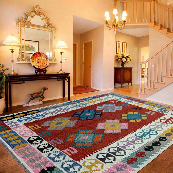Afghan Vegetable Kilim Rug 6' 7" x 9' 9" Flat-Weave reverse