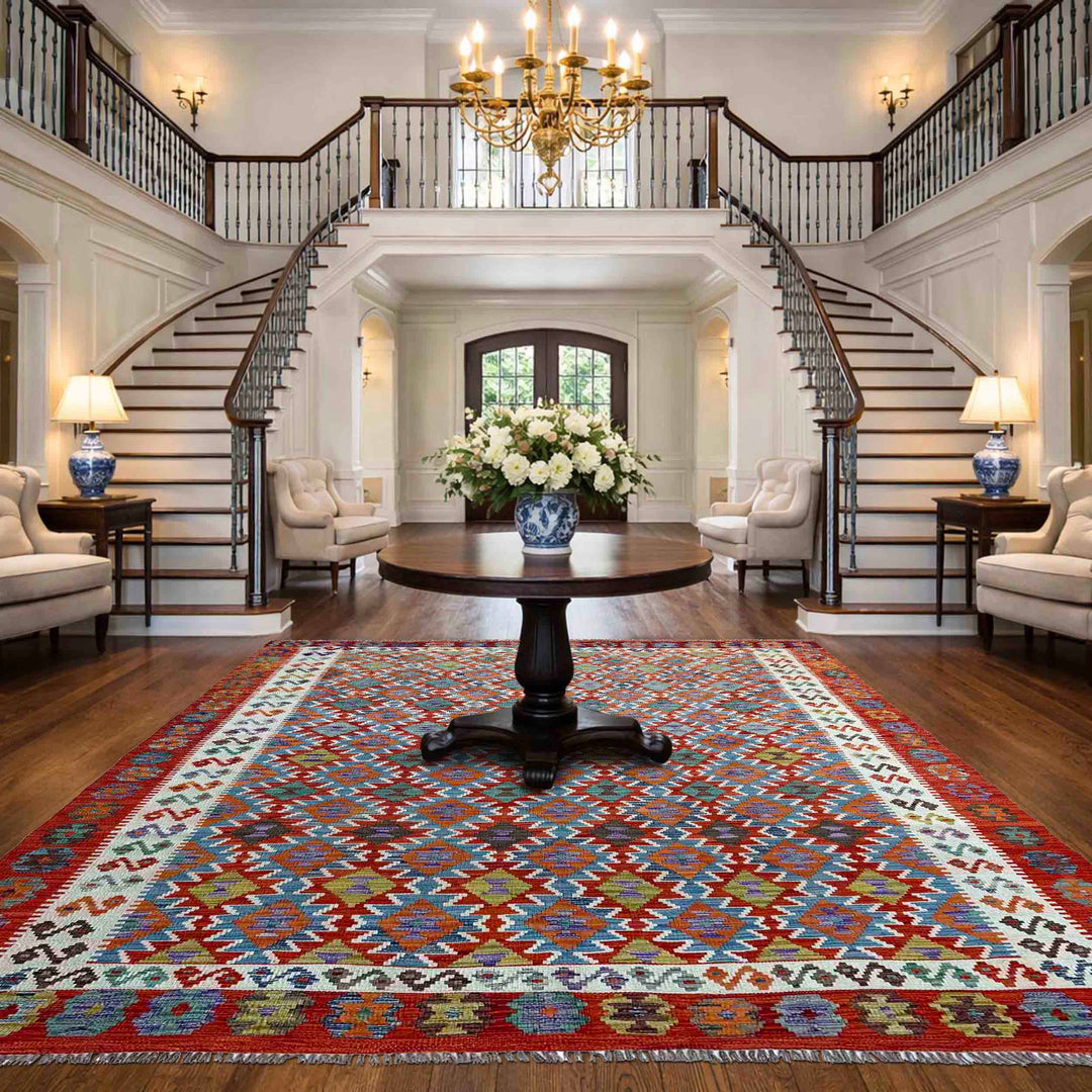 Afghan Vegetable Kilim Rug 7' 3" x 10' 4" Flat-Weave reverse