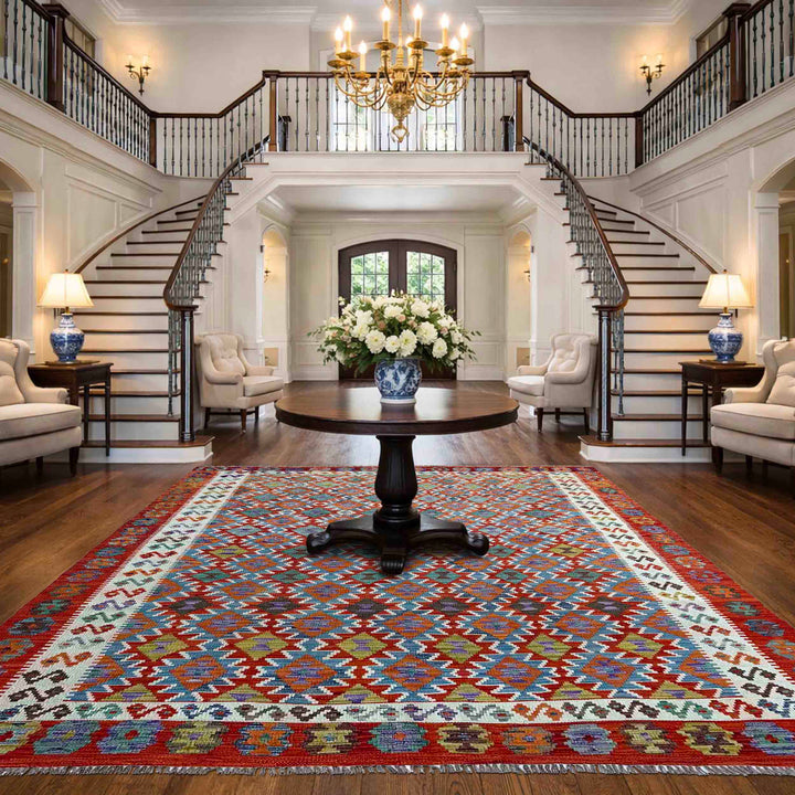 Afghan Vegetable Kilim Rug 7' 3" x 10' 4" Flat-Weave reverse
