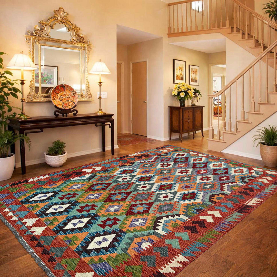 Afghan Vegetable Kilim Rug 6' 5" x 9' 7" Flat-Weave | No. AL74108