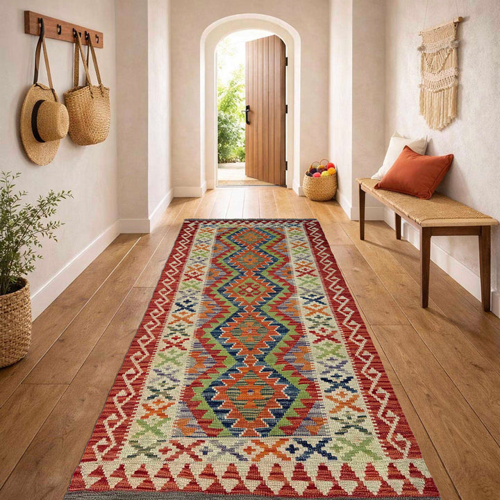 Afghan Vegetable Kilim Rug 3' 0" x 6' 10" Flat-Weave reverse