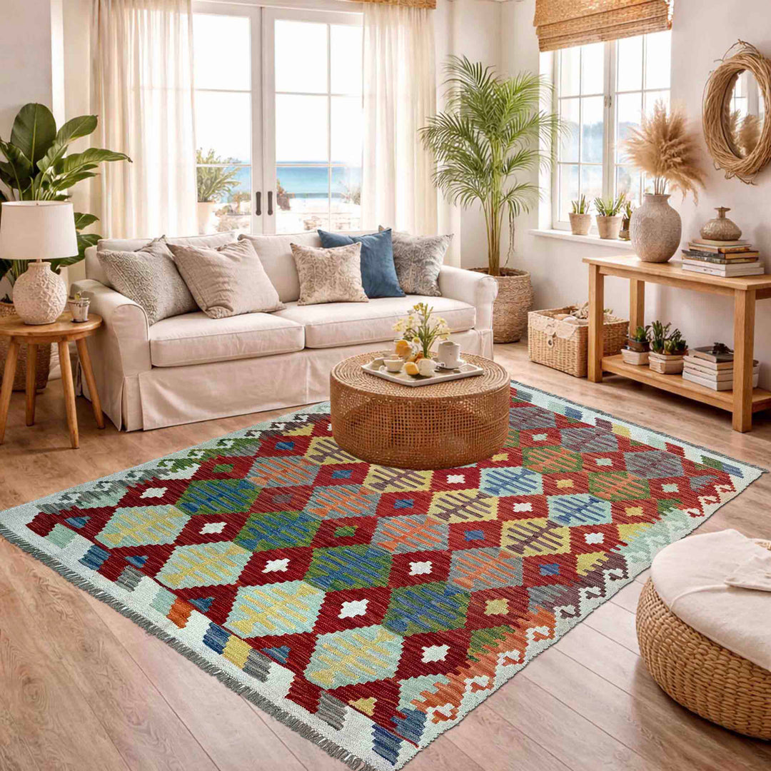 Afghan Vegetable Kilim Rug 5' 0" x 6' 3" Flat-Weave reverse