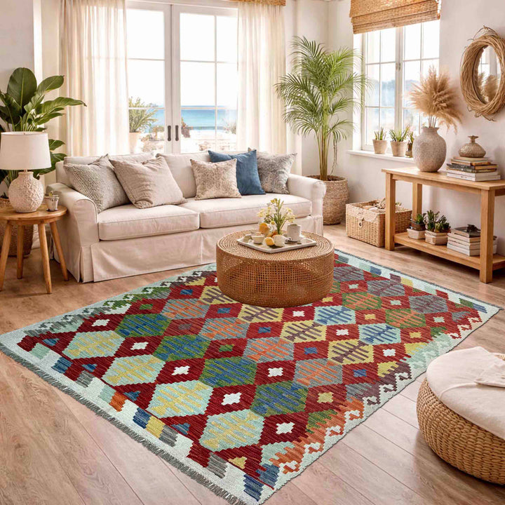 Afghan Vegetable Kilim Rug 5' 0" x 6' 3" Flat-Weave reverse