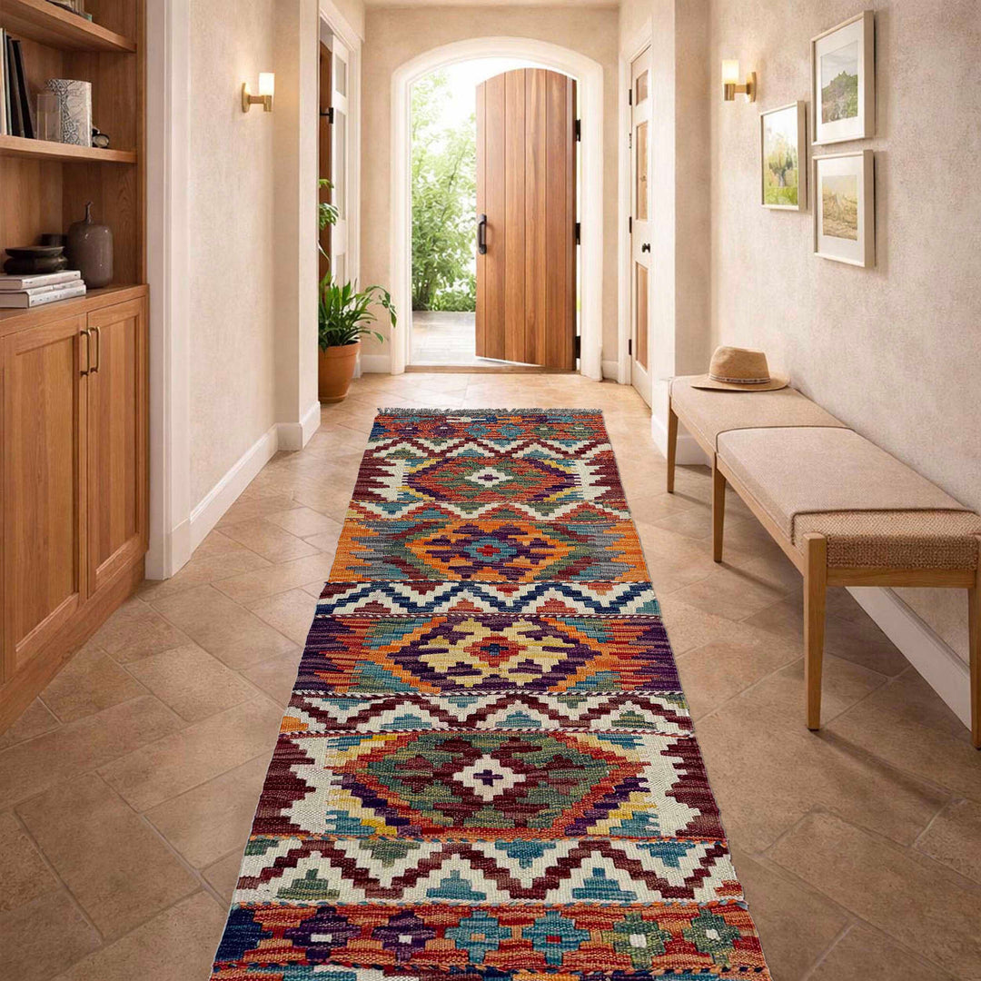 Afghan Vegetable Kilim Rug 1'7" x 4'11" Flat-Weave reverse