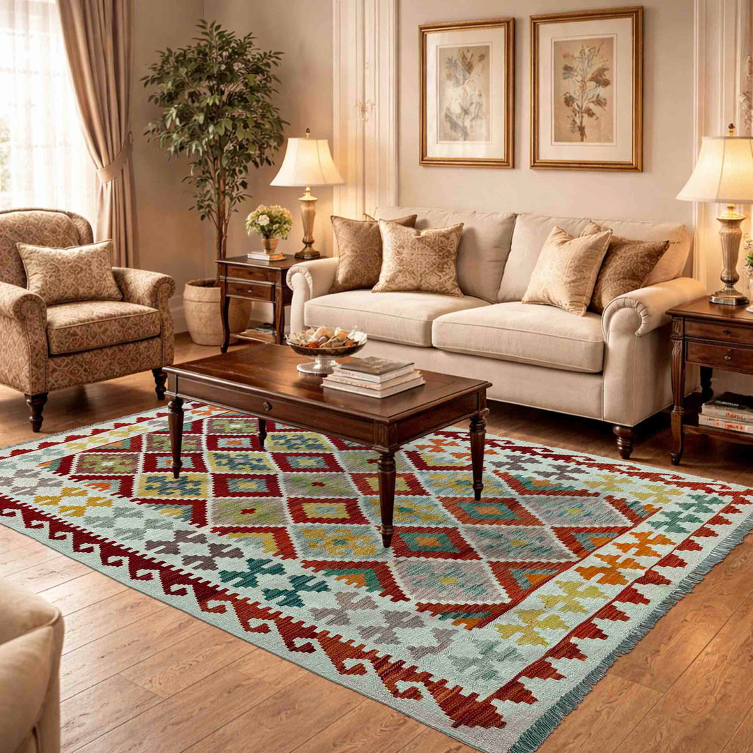 Afghan Vegetable Kilim Rug 4' 10" x 6' 7" Flat-Weave reverse