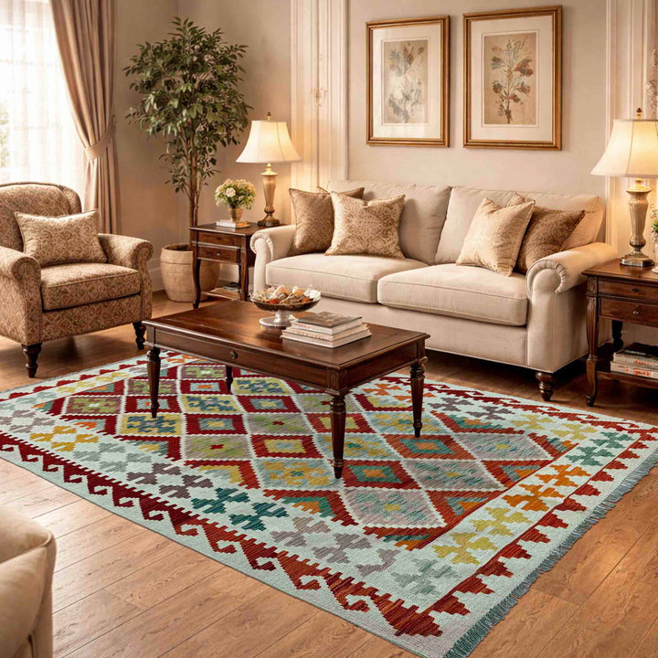 Afghan Vegetable Kilim Rug 4' 10" x 6' 7" Flat-Weave reverse