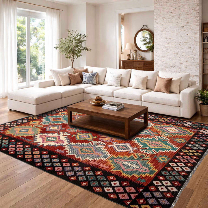 Afghan Vegetable Kilim Rug 6' 7" x 9' 9" Flat-Weave | No. AL71504