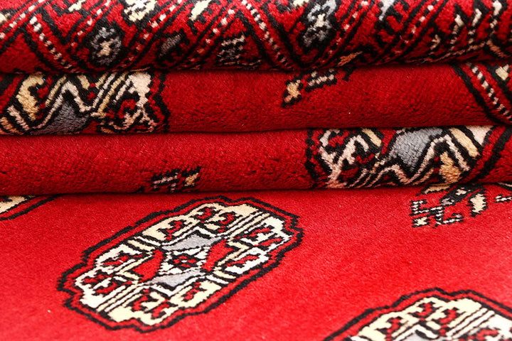 Red Pakistani Bokhara Rug 4' x 5'11" Hand-Knotted | No. QA10022