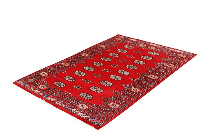 Red Pakistani Bokhara Rug 4' x 5'11" Hand-Knotted | No. QA10022