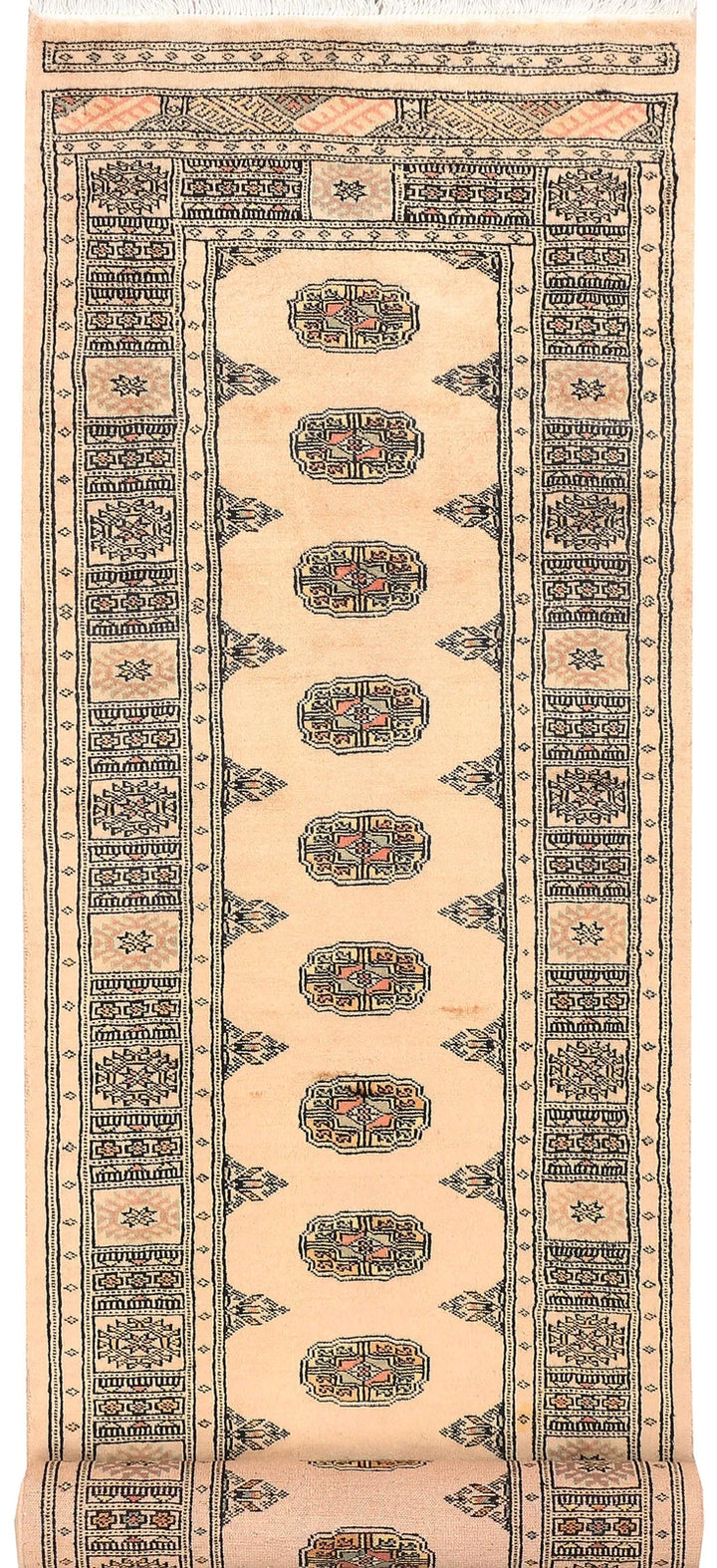 Antique White Pakistani Bokhara Rug 2' 7" x 10' 3" Hand-Knotted | No. QA10189